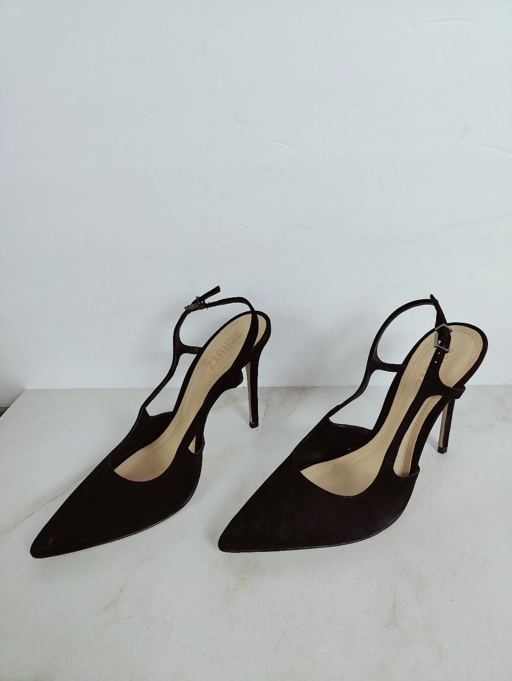 Schutz Boris Black Suede Slingback Pointed Toe Stiletto Pumps Heels, Sz 8